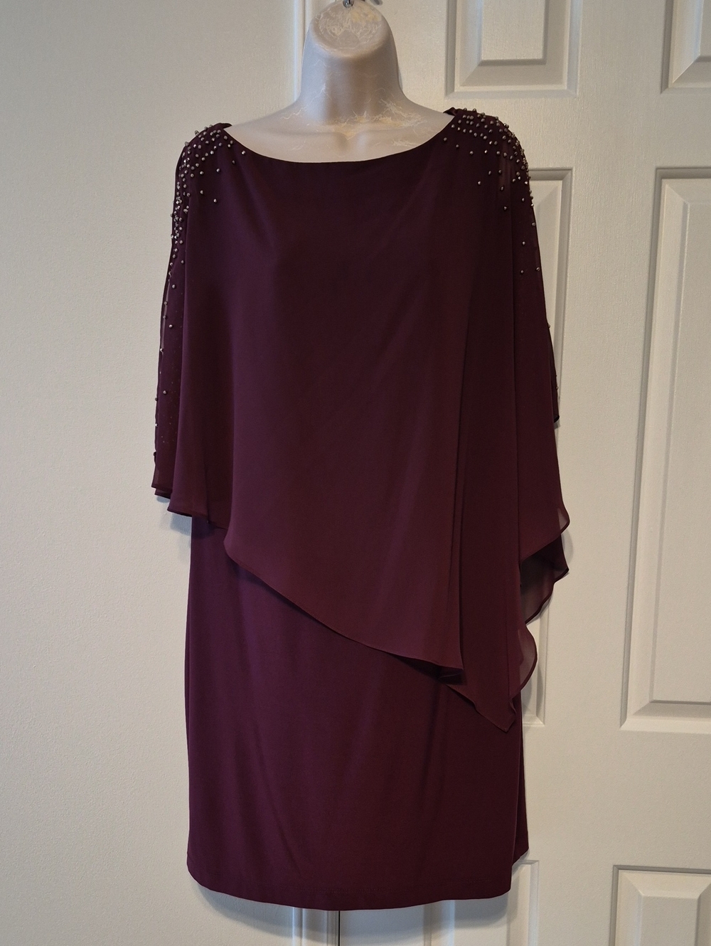 Embellished Cape Midi Dress in Deep Plum